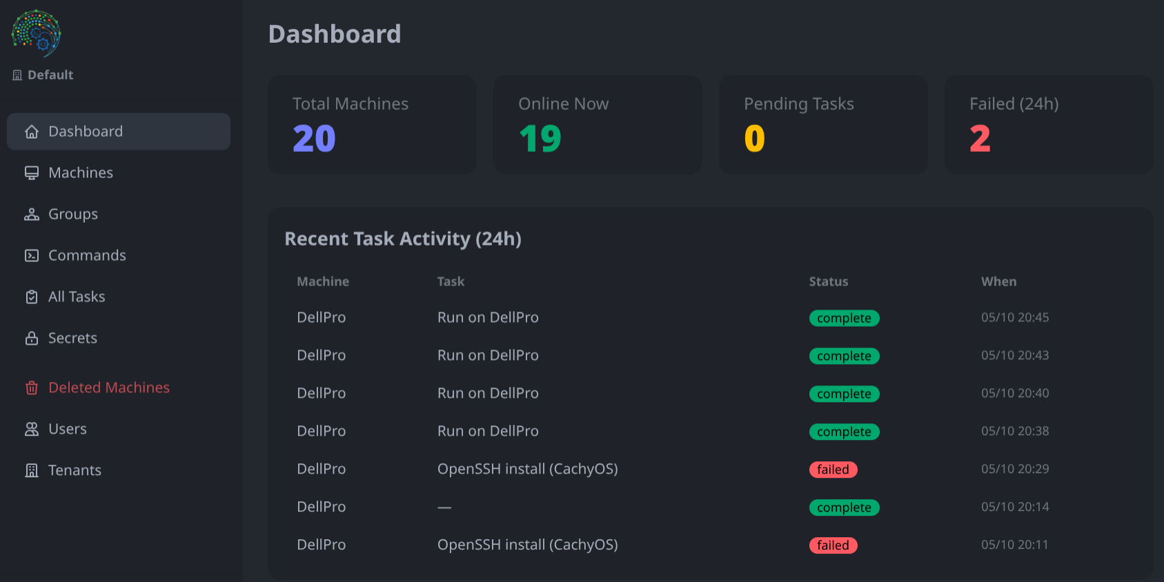 DistroDrift dashboard showing fleet metrics and status summaries
