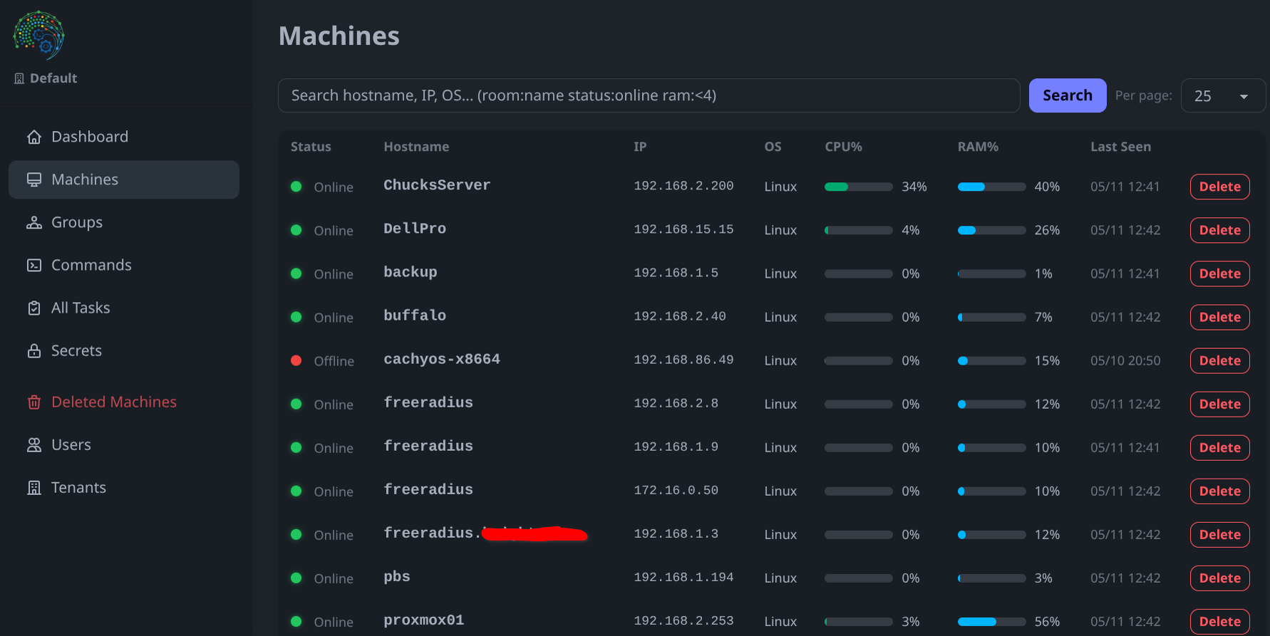 DistroDrift machines list with search and column sorting