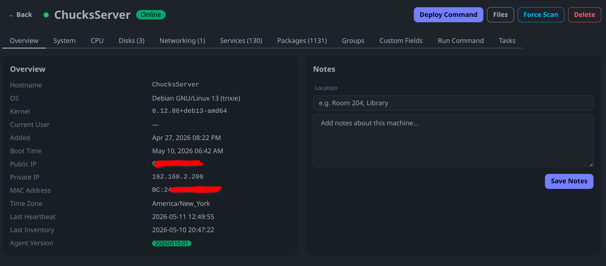 DistroDrift single machine detail view with tabs and metrics
