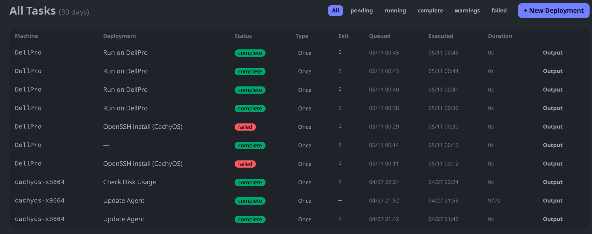 DistroDrift tasks page with deployment and status filters